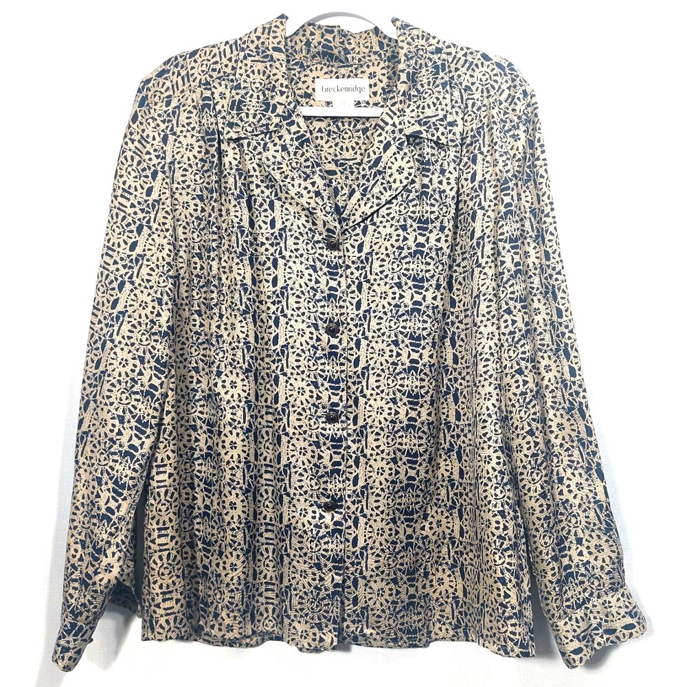 Breckenridge Womens 14 Black Tan Geo Silk Button Up Classic Blouse Top "Flaw"